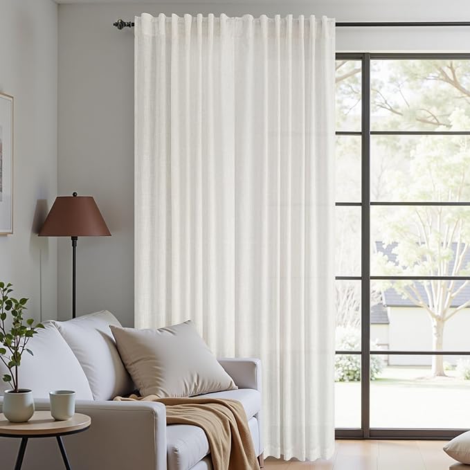 KOUFALL 60 Inch Wide Linen Curtains, Privacy Sheer Light Filtering Boho Back Tab Pleated Curtains for Living Room Bedroom, 60x84 Inch Long, 2 Panel Set, Cream Beige