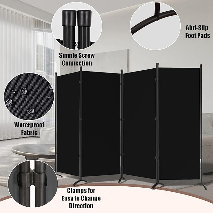 Room Divider-Folding Privacy Screens, 6 ft Partition Room Dividers Wall for Separation, Home, Office, Classroom, Studio (Black, 4 Panel)