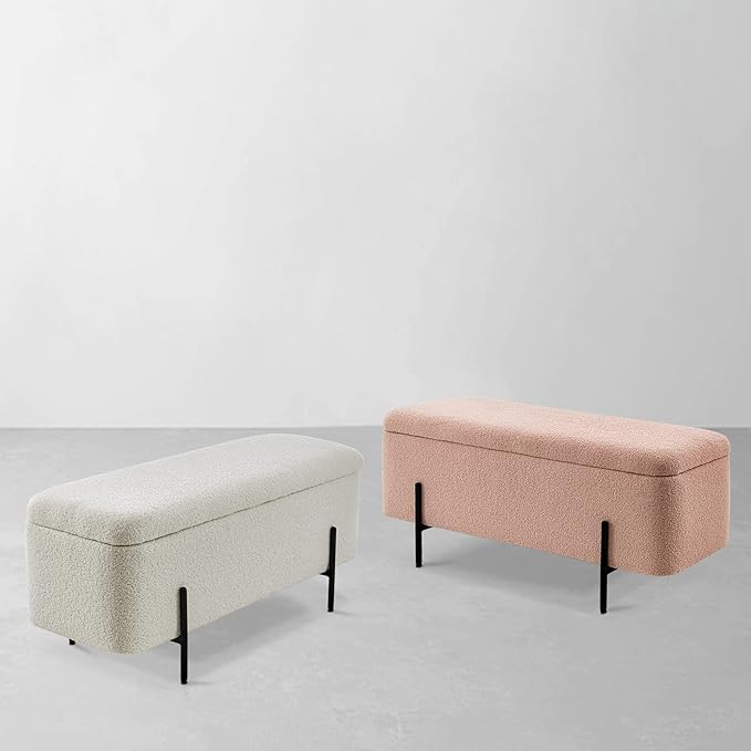 MCombo Storage Ottoman Bench, Teddy Fabric Upholstered Footstool with Storage Space, Bed End Bench for Bedroom, Living Room, Entryway W709 (Pink)