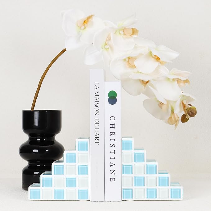 Decorative Bookends for Shelves - Stair Book Ends for Heavy Books - Unique Book Stopper & Holder for Shelves - Modern Home Decor Aesthetic Bookshelf Decor (Light Blue & White)