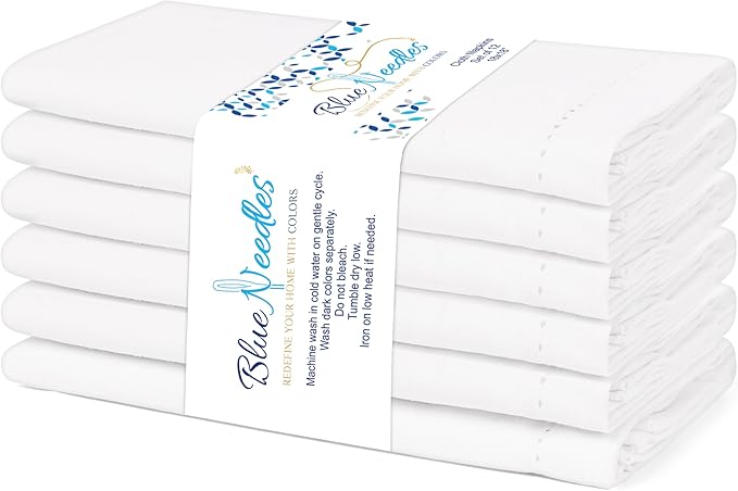 Blue Needles Set of 6 Hemstitch Linen Napkins 100% Cotton White Cloth Dinner Napkins 18x18 inches, Soft, Reusable, Absorbent, Washable, Ideal for Spring Summer Easter Events, Parties & Everyday Use