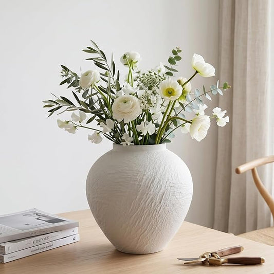 Vintage Stone Textured Ceramic Vase, Minimalist White Flower Vase, Rustic Decorative Centerpiece for Farmhouse, Living Room, Shelf, Dining Table Home Decor,Small-Sized (White Texture 6.3'' Tall)