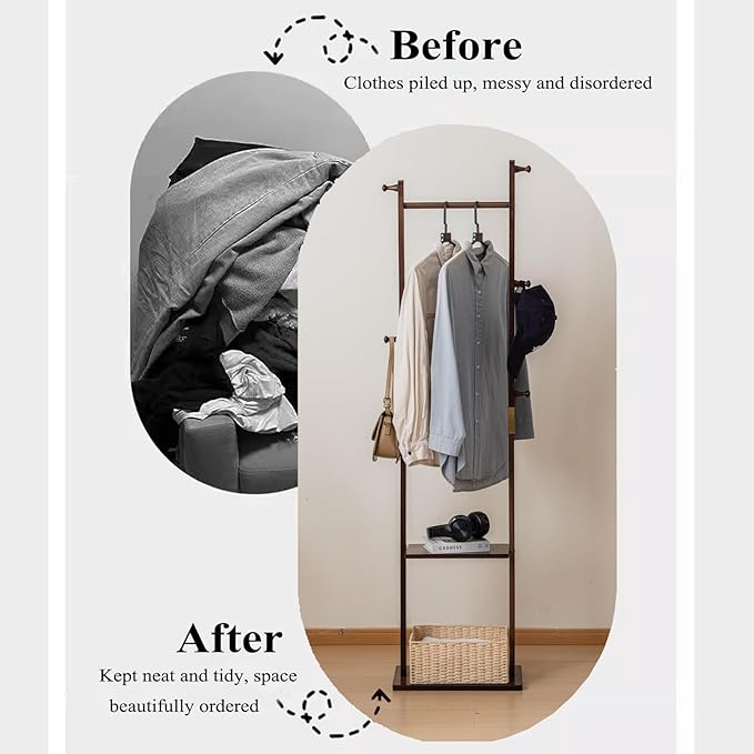 Clothes Rack Solid Wood Coat Rack with Shelves and Hooks – Garment Clothing Rack Coat Rack with Storage for Hallway, Bedroom, Living Room, 15.75 inch, Walnut