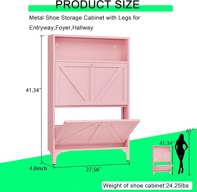 Shoe Storage Cabinet for Entryway with 2 Flip Drawers, Freestanding Shoe Organizer with Legs,Farmhouse Narrow Shoe Storage Cabinet for Entryway, Foyer,Living Room (2-Doors, Pink)
