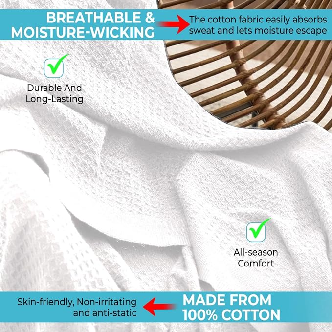100% Cotton Blankets for Bed - Waffle Weave Blankets for Summer, Lightweight and Breathable Soft Woven Blanket for Spring (White, King (90" x 108"))