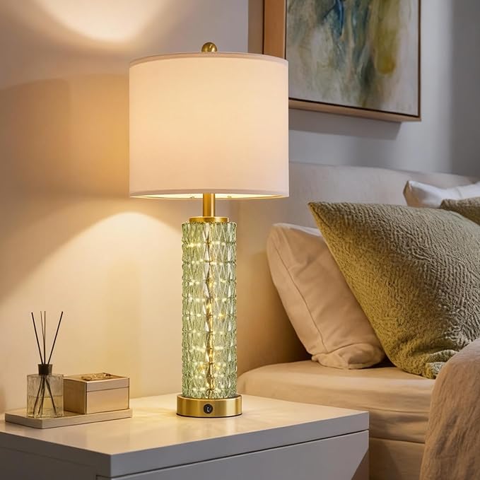 Oneach 27.75" Modern Table Lamps Set of 2, Green Bedside Lamp with Glass Nightlight, USB A+C, Unique Desk Lamps for Living Room, Bedroom, Nightstand, End Table (2 Bulbs Included)