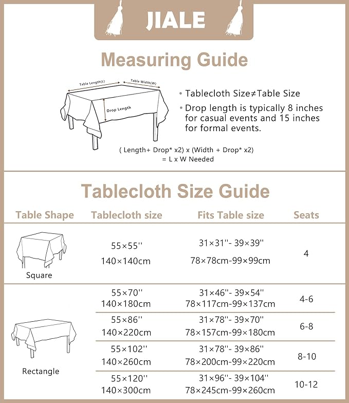 JIALE Tablecloths for Rectangle Tables, Cotton Linen Table Cloth Waterproof Tablecloth Wrinkle Free Farmhouse Dining Tables Cover, Soft Fabric Table Cloths with Tassels, Brown, 55" X 86", 6-8 Seats