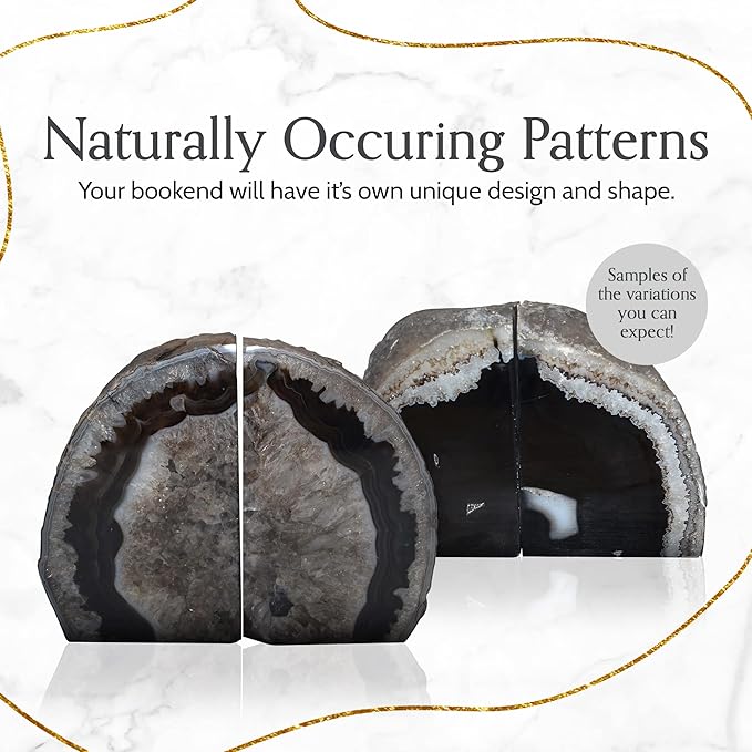 Nature's Decorations A Quality Black Agate Geode Bookends - Heavy Duty with Non-Skid Rubber Bumpers for Shelves, Office, Home Decor - Cool Crystal Stone (1 Pair 6-8 LB)