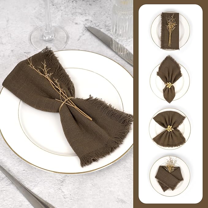 30 Packs Brown Napkins 16x16 Inch, Cotton Linen Handmade Cloth Napkins Bulk with Fringe - Soft Rustic Boho Napkins for Wedding, Party, Christmas Event Dinner Birthday Table Decor