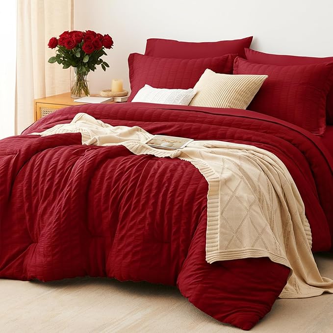 CozyLux Twin Comforter Set with Sheets 5 Pieces, Dark Red Seersucker Textured Bed in a Bag for Bedroom, Luxury Soft Bedding Sets with Down Alternative Comforter, Sheets, Pillowcase & Sham All Seasons