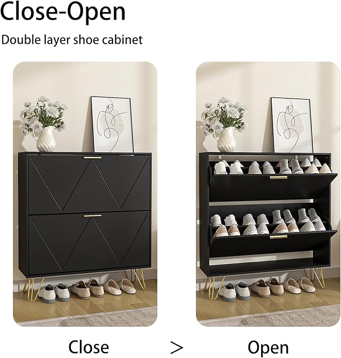 LYNSOM Shoe Cabinet with 2 Flip Drawers, Black Shoe Storage Cabinet, Slim Wooden Freestanding Shoe Rack, Shoe Organizer with Fluted Panel for Entryway Hallway