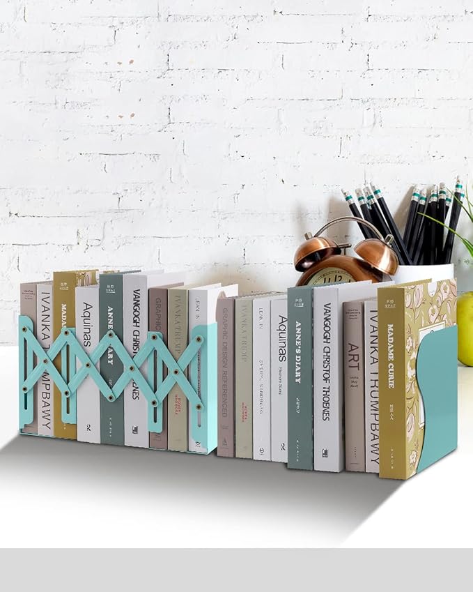 Honagu Adjustable Bookends, Metal Book Ends for Shelves Heavy Book, Desk Magazine File Organizer for Home, Office, Books, Papers, Extends up to 19 inches, Gifts for Students,Teachers (Light Green)