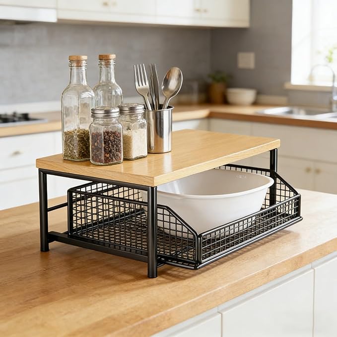Kitchen Countertop Organizer with Drawer & Wire Basket - Sturdy Hardwood Shelf Storage, 2-Tier Shelf, Space-Saving Storagfor Coffee Maker, Microwave, Toaster & Spices (Black)