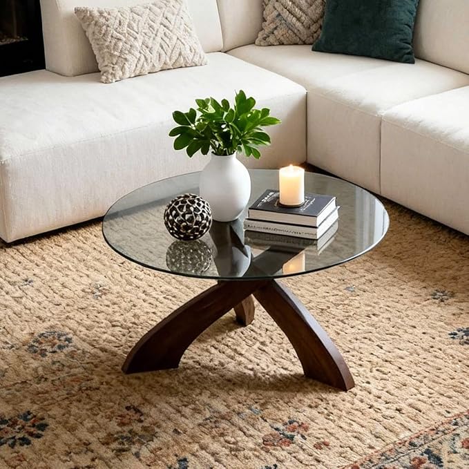 Honyee Glass Coffee Table, 30.7” Round Coffee Table with Tempered Glass Top, Walnut Wood X-Shaped Base, Stable Modern Center Table for Living Room, Apartment and Small Spaces