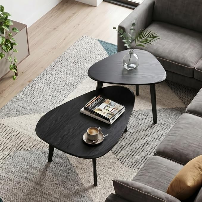 Nesting Coffee Table Set of 2-Mid Century Modern Guitar Pick Stacking Tables with Solid Wood Legs-Waterproof Triangle Center Side End Table for Small Living Room,Apartment,Balcony (Black)