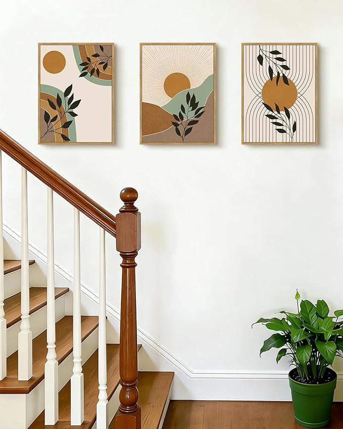 PHOPAGO Boho Abstract Wall Art Botanical Mid Century Modern Framed Wall Printing Neutral Geometric Prints Bohemain Sage Decor for Farmhouse Kitchen - 11x14in Natural Framed