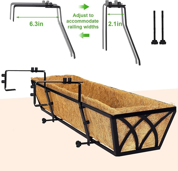 24 Inch Railing Planter Box with Coco Liner, Adjustable Metal Window Box, Hanging Flower Planter Outdoor, for Balcony Deck Fence Garden, Black, Set of 2