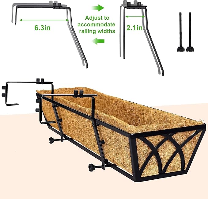 24 Inch Railing Planter Box with Coco Liner, Adjustable Metal Window Box, Hanging Flower Planter Outdoor, for Balcony Deck Fence Garden, Black, Set of 4