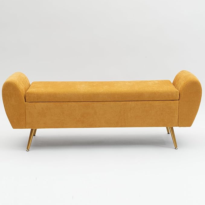 Chenille Storage Bench for Bedroom, Long Bench for King Size Bed, Modern Upholstered End of Bed Ottoman Bench with Arms for Entryway Living Room (Mustard Yellow)