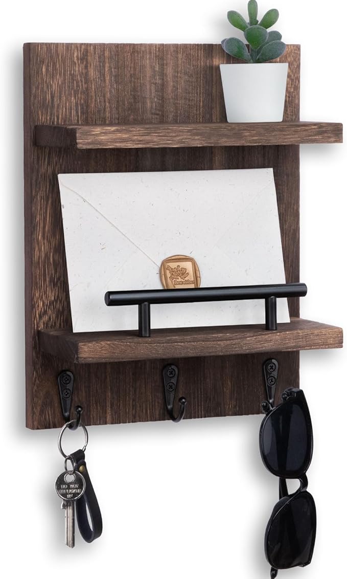 Key Holder Wall Mount, Mail Shelf Decor with 3 Key Hooks, Versatile Wood Wall Organizer for Entryway Hallway (8.2” x 10.6”x 3.6”) (Brown)