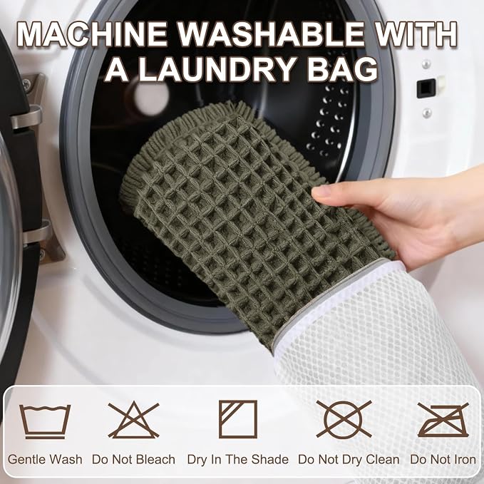 Hiasan Set of 2 Waffle Bath Mat, Super Absorbent Non Slip Bathroom Boho Rug with Tassels, Machine Washable Bath Mats for Bathroom, Ultra Soft Rubber Backed Rug, Grayish Green, 16" x 24" + 24" x 48"