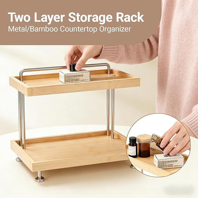 Bamboo Two-Tier Storage Rack，Tabletop Storage Organizer for Kitchen, Bathroom, Office, and Home Use