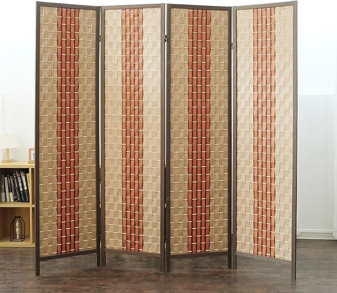 Furnnylane 4 Panel Rattan Room Divider, 5.9 ft Tall Double-Sided Blackout Folding Privacy Screen for Room Separation, with Beige and Orange Panels for Home & Office (70.9" H x 70.9" W)