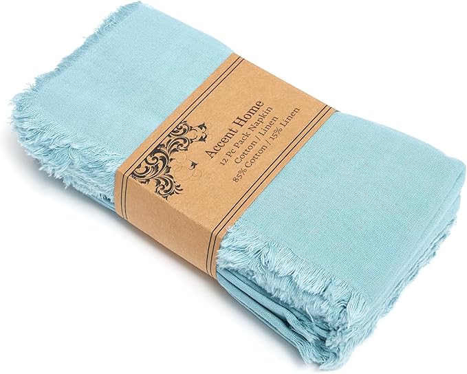 ACCENTHOME Blue Cotton Linen Napkin Set of 12 18x18 inch Dinner Napkins - Washable Soft Premium Hotel Quality Reusable Napkins Perfect Table Napkins for Family Dinners, Weddings & Everyday Use