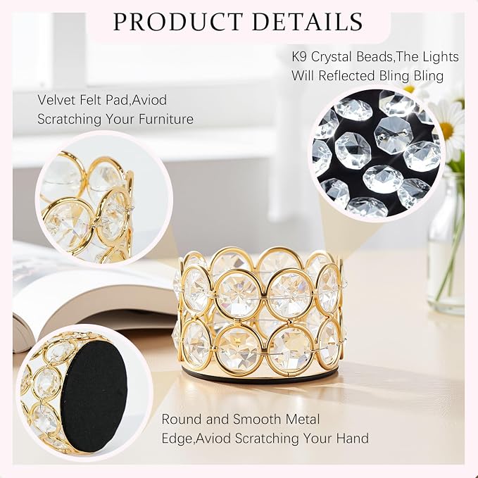 Pack of 12 Gold Crystal Tea Light Candle Holders for Wedding Home Table Centerpiece Decoration, Valentine's Day Gifts (Candle Excluded)