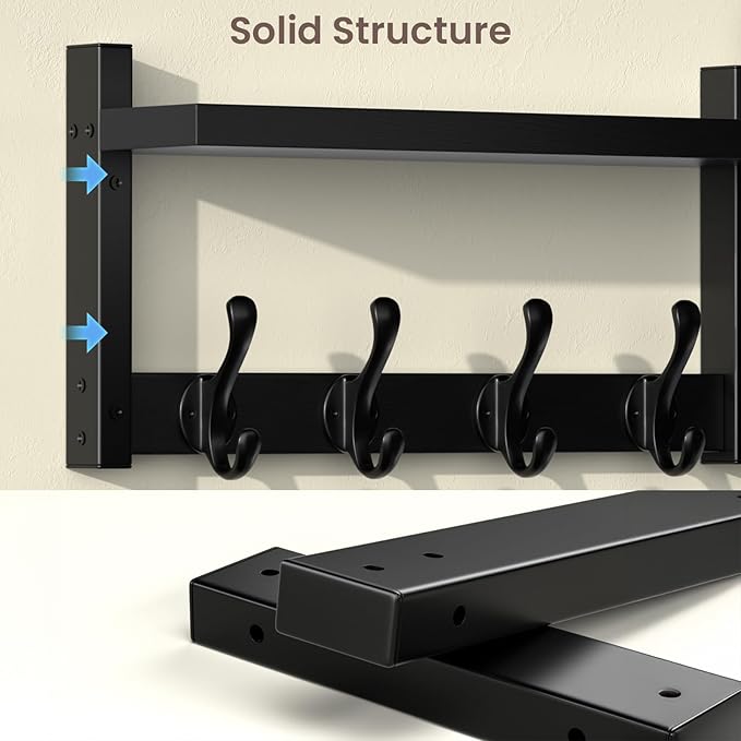 29'' Black Coat Rack Wall Mount with Shelf, Solid Wood Coat and Key Hanger with 11 Metal Hooks, Farmhouse Wall Organizer for Mail, Entryway Wall Hangers for Hats, Clothes, Backpacks, Mudroom