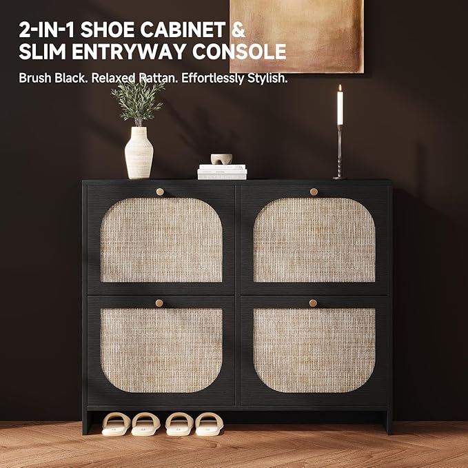 Nicetree Rattan Vintage Flip Shoe Cabinet for Entryway - Black 3-Tier Slim Shoe Storage Cabinet with Metal Handles - Boho Entryway Shoe Organizer for 28-36 Pairs - Fits Size 12 Boots, 9.5" Ultra Slim