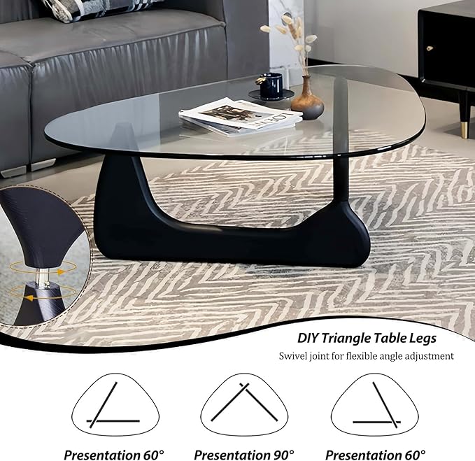 Black Modern Glass Coffee Table, Unique Triangle Coffee Table for Living Room, Tempered Glass Top + Wooden Base, Abstract Contemporary Center Tables for Home Office Bedroom
