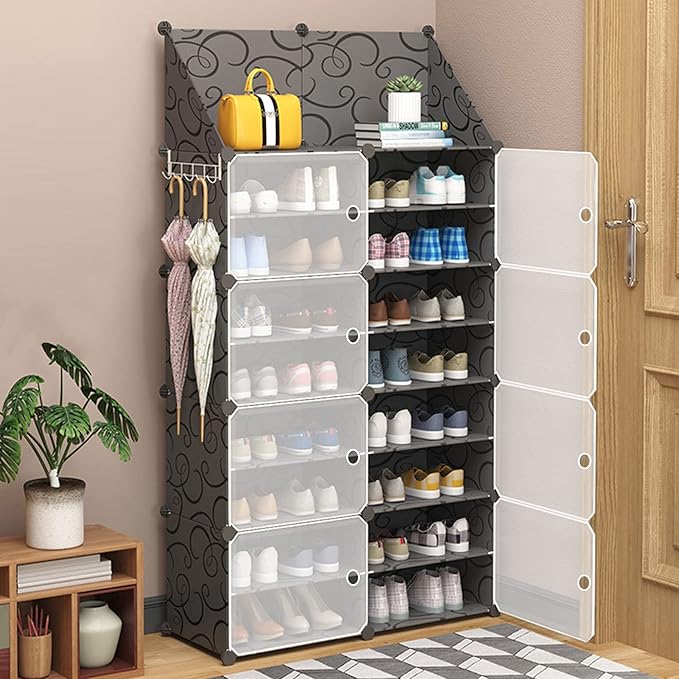 Jomifin Shoe Rack Storage Cabinet with Doors, Key Holder, Portable Shoe Organizer, Expandable Standing Rack, Holds 32-64 Pairs Shoes Boots Slippers for Closet Hallway Entryway Bedroom, 2x8 Tier, Black