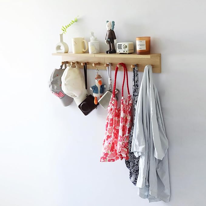 Entrance Coat Rack ，Coat Hooks, Wall-Mounted Wooden Hook Rack, Wall-Mounted Shelves(Oak Color Finish—A-2)