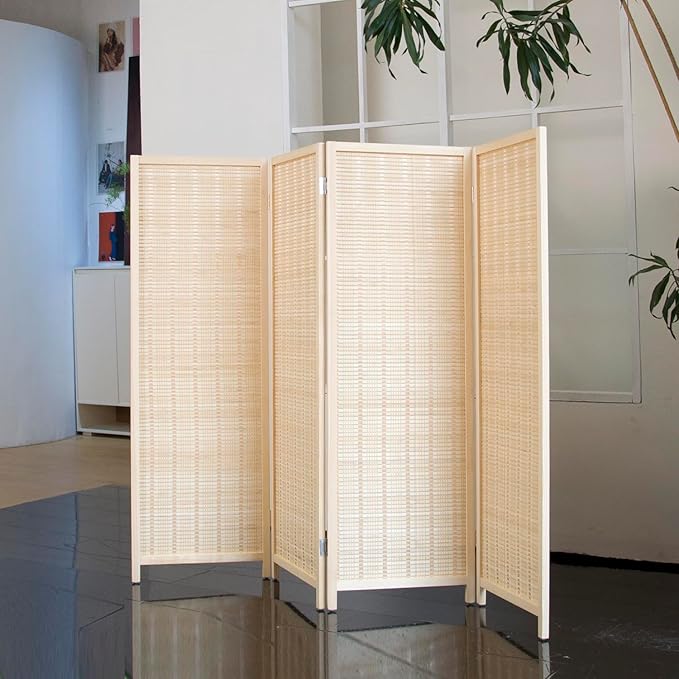4 Panel Short Room Divider – 3.9 ft Tall Double-Side Folding Privacy Screen, Natural Beige Bamboo Partition Wall for Home Office, Living Room & Corner Spaces