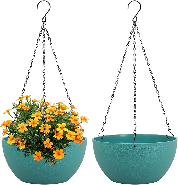 Meowell 8 inch Small Hanging Planters Plant Pots for Indoor Outdoor Plants, 2 Pack Hanging Flower Pots with Drainage Holes and Chain for Garden, Plastic Hanging Baskets for House Plants, Blue Green