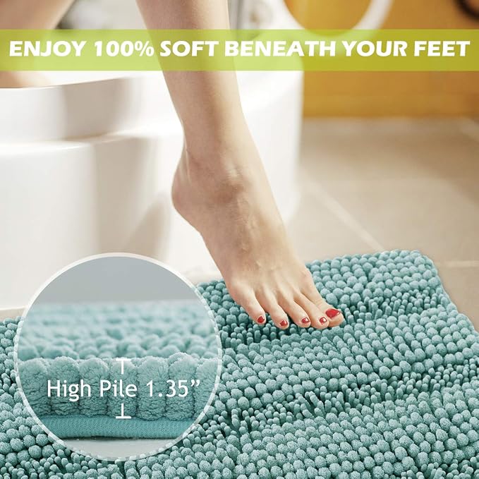KGORGE Quick Drying Bathroom Rugs - Non-Slip Bath Mat Water Absorbent Thick Shaggy Chenile Bathtub Set for Toilet Kitchen Entryway, Aqua, 47" x 17", 1 Pc