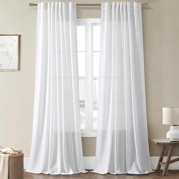 Joywell White Linen Curtains 96 Inches Long Pleated Back Tab Semi Sheer Window Covering Light Airy Privacy Panels for Bedroom Living Room Aesthetic Sheer Boho Curtains 52x96 Inch Length Set of 2