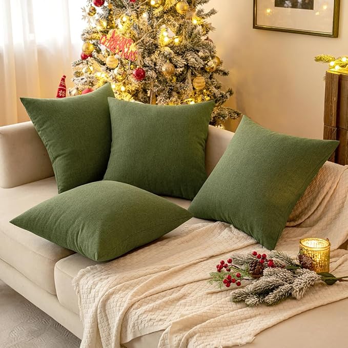 MIULEE Pack of 2 Decorative Outdoor Solid Waterproof Throw Pillow Covers Faux Linen Garden Farmhouse Cushion Cases for Patio Tent Balcony Couch Sofa 20x12 Inch Dark Green