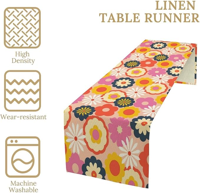 Retro 70s Groovy Florals Table Runner Vintage Hippie Seasonal Spring Summer Garden Flowers Farmhouse Country Dinner Runner for Home Kitchen Dining Table Party Holiday Decor 13"x90"