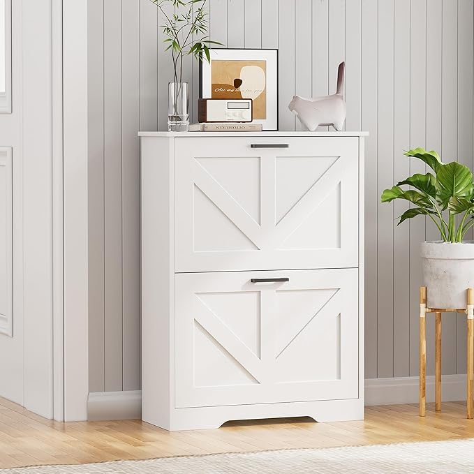 Homleke Farmhouse Shoe Cabinet for Entryway with Barn-Style Flip Drawers, Narrow Shoe Storage Organizer with Top Display Shelf, Adjustable Shelves, Shoe Rack for Hallway, Closet- (White, 24")