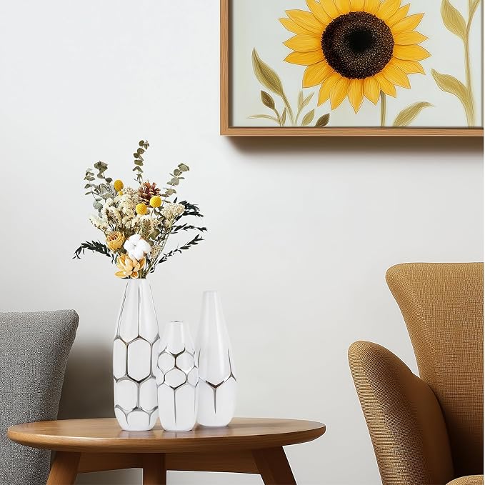 Ceramic Vase Set of 3, Modern Vases for Home Decor, White and Silver for Living Room, Kitchen, Bedroom, Bathroom, Entryway Mantel, Living Room TV Cabinet Decoration