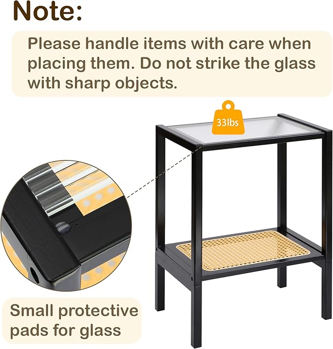 2-Tier Bamboo Side Table, Modern Glasstop Rattan Side Table, Mid Century Wood Sofa-Side End Tables for Living Room, Bedroom Night Stand with Storage, Small Narrow Coffee Tables, Black