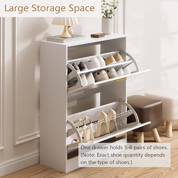 LYNSOM Shoe Cabinet, Free Standing Tipping Bucket Shoe Rack Organizer with 2 Flip Drawers, Modern Entryway Shoe Storage with Top Display, Narrow Slim Hidden Shoe Cabinet (White)