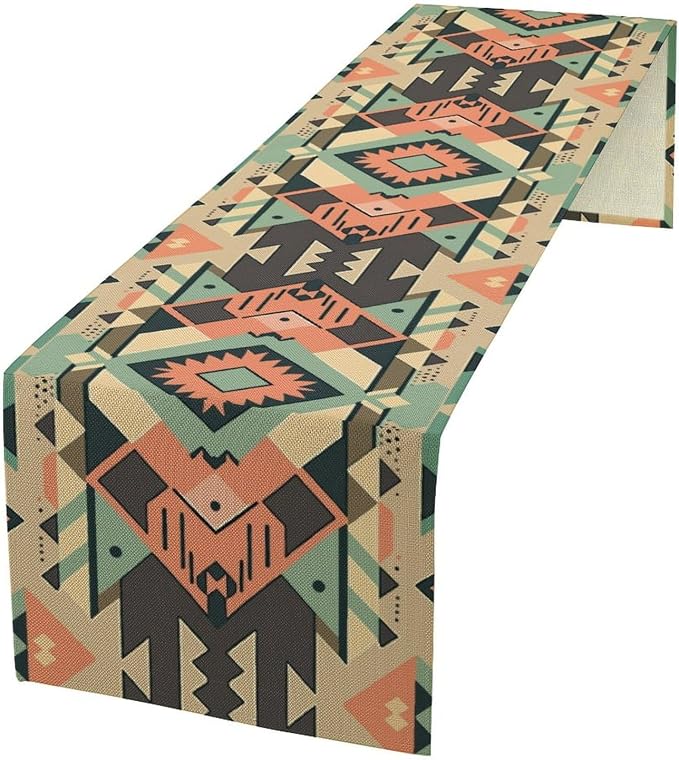 Aztec Table Runner, Southwestern Native Ethnic Navajo Abstract Geometric Tribal Vintage Beige Black Table Runners Decor for Kitchen Family Dinner Table Holiday Party 13x108 Inch