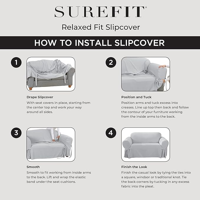 SureFit Cotton Duck Loveseat Box Cushion One Piece Slipcover, Furniture Cover, Relaxed Woven Fit, 100% Cotton, Machine Washable, Gray