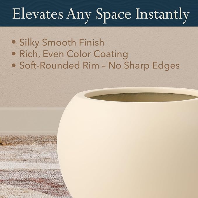 KUTE NEST 12.8" H x 16" D Premium Globo Fiberstone Round Planter with Drainage Hole, Weather Resistant for Indoor and Outdoor Use, Included 2 Extra Coco Mats (Kilim Beige, 10.7" Pot Opening)
