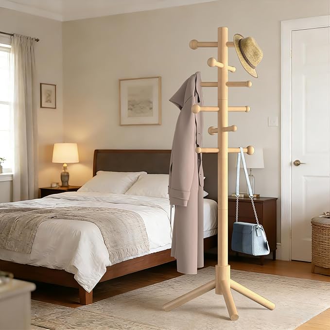 Wooden Coat Rack Freestanding with 12 Hooks 3 Adjustable Heights，Standing Coat Rack Tree for Hat and Coat Rack for Small Spaces Entryway,Office,Bedroom,Natural