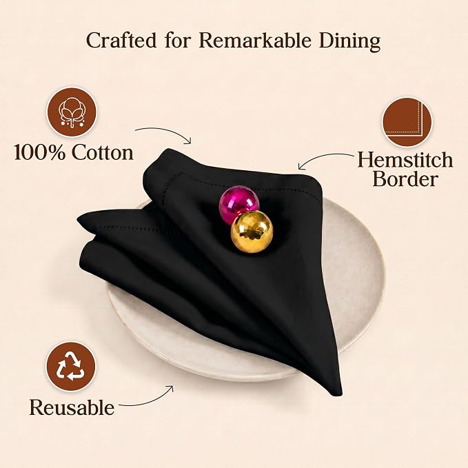 Hemstitch Cloth Napkins, Set of 12-100% Cotton Dinner Napkins 18x18 - Soft Absorbent Cloth Napkins for Wedding & Formal Dinner - Holiday, Christmas Cotton Dinner Napkins - Black