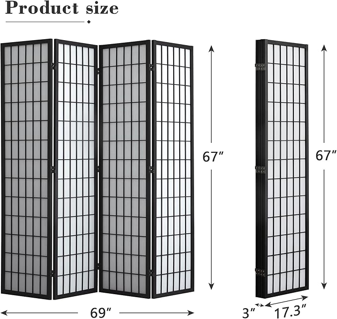 WelFurGeer 4 Panel Shoji Screen Room Divider, Folding Privacy Screens, Room Partitions and Dividers, Decorative Room Dividers, Wall Dividers for Room Separation, Japanese Room Divider for Home (Black)